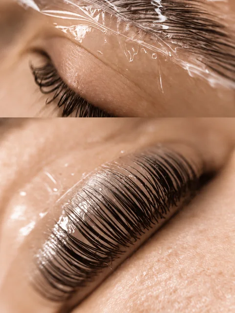 Dos detalles a color del proceso de laminado de cejas.