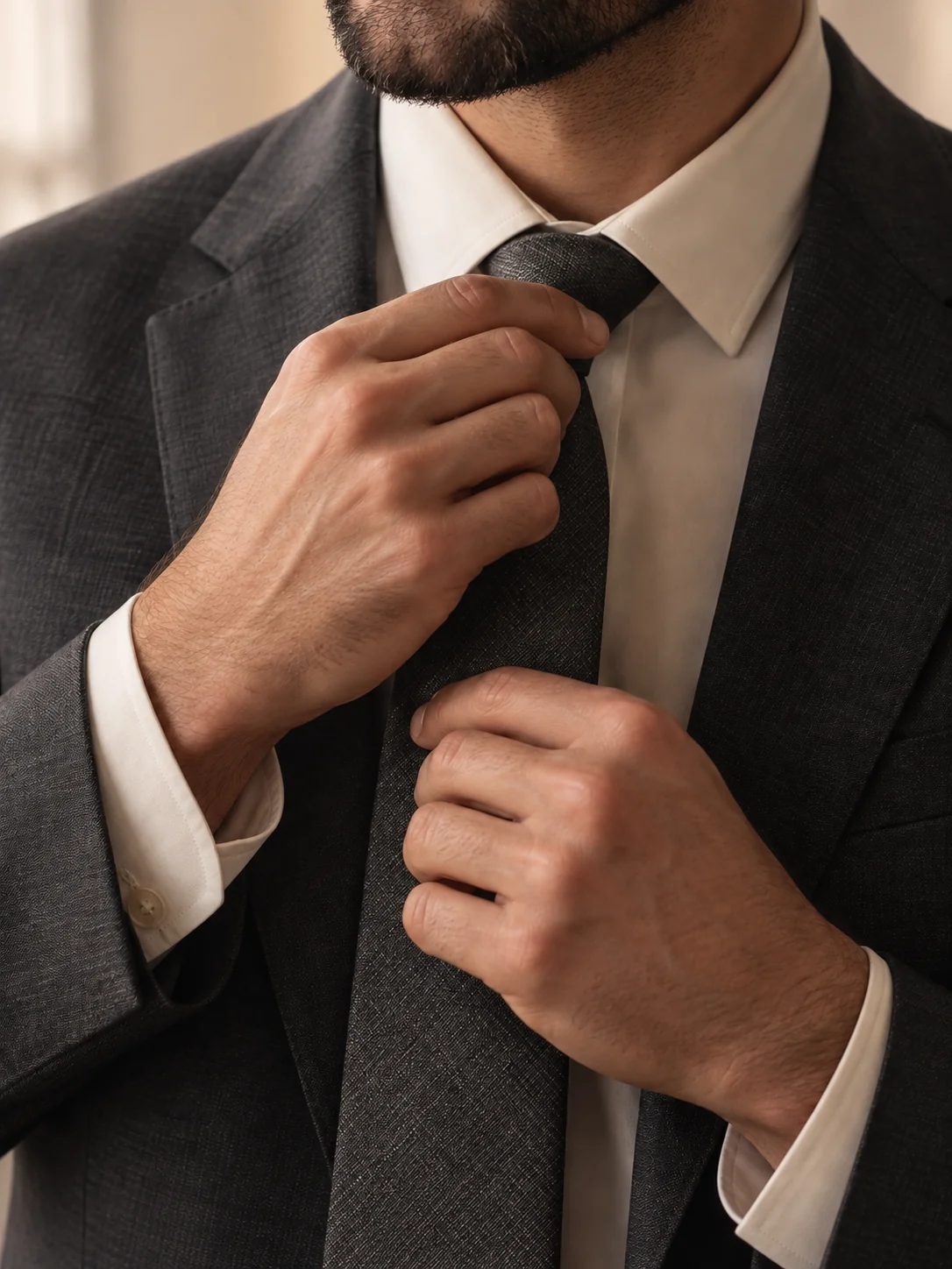 Primer plano de un hombre ajustándose la corbata, con las manos en el centro y solo la mandíbula con barba visible.